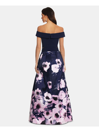 XSCAPE Womens Blue Floral Off Shoulder Full-Length Prom Sheath Dress Petites 4P