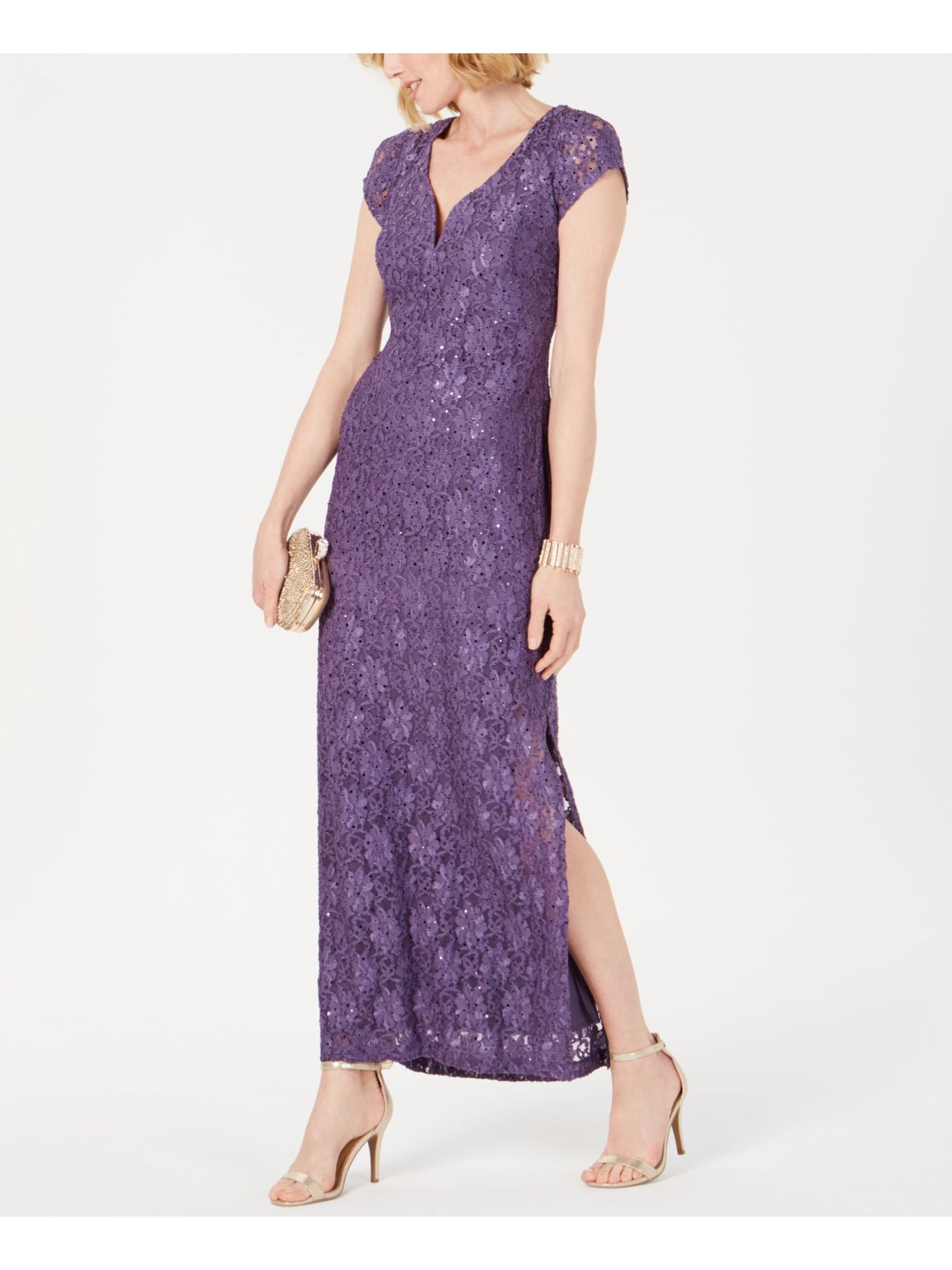 CONNECTED APPAREL Womens Sequined Lace Short Sleeve V Neck Maxi Cocktail Sheath Dress