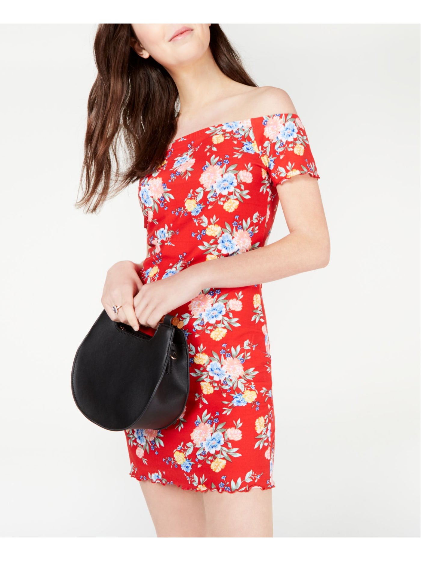 ULTRA FLIRT Womens Red Floral Short Sleeve Off Shoulder Mini Body Con Dress M