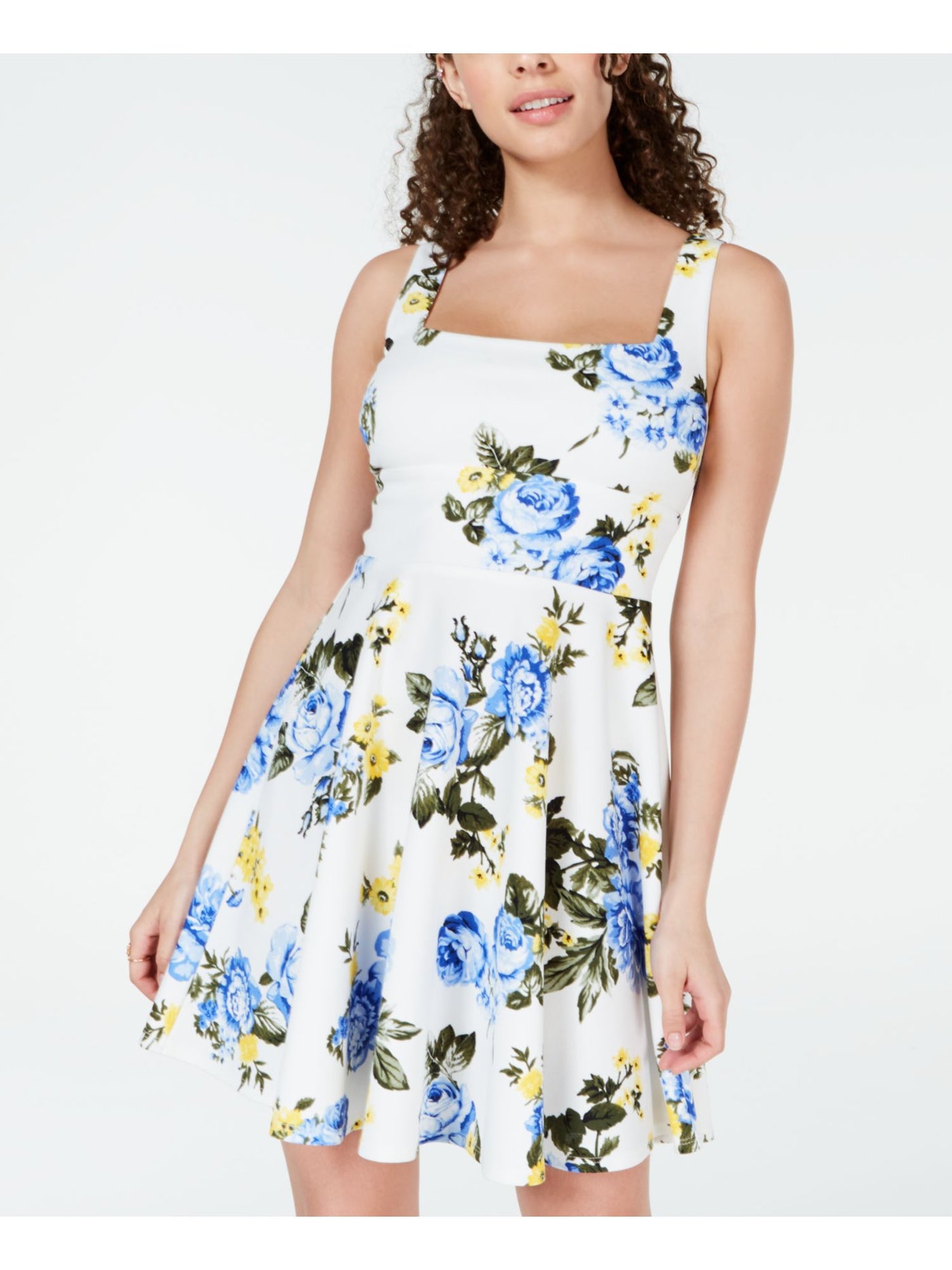 B DARLIN Womens Ivory Floral Sleeveless Square Neck Mini Fit + Flare Dress Juniors 3\4