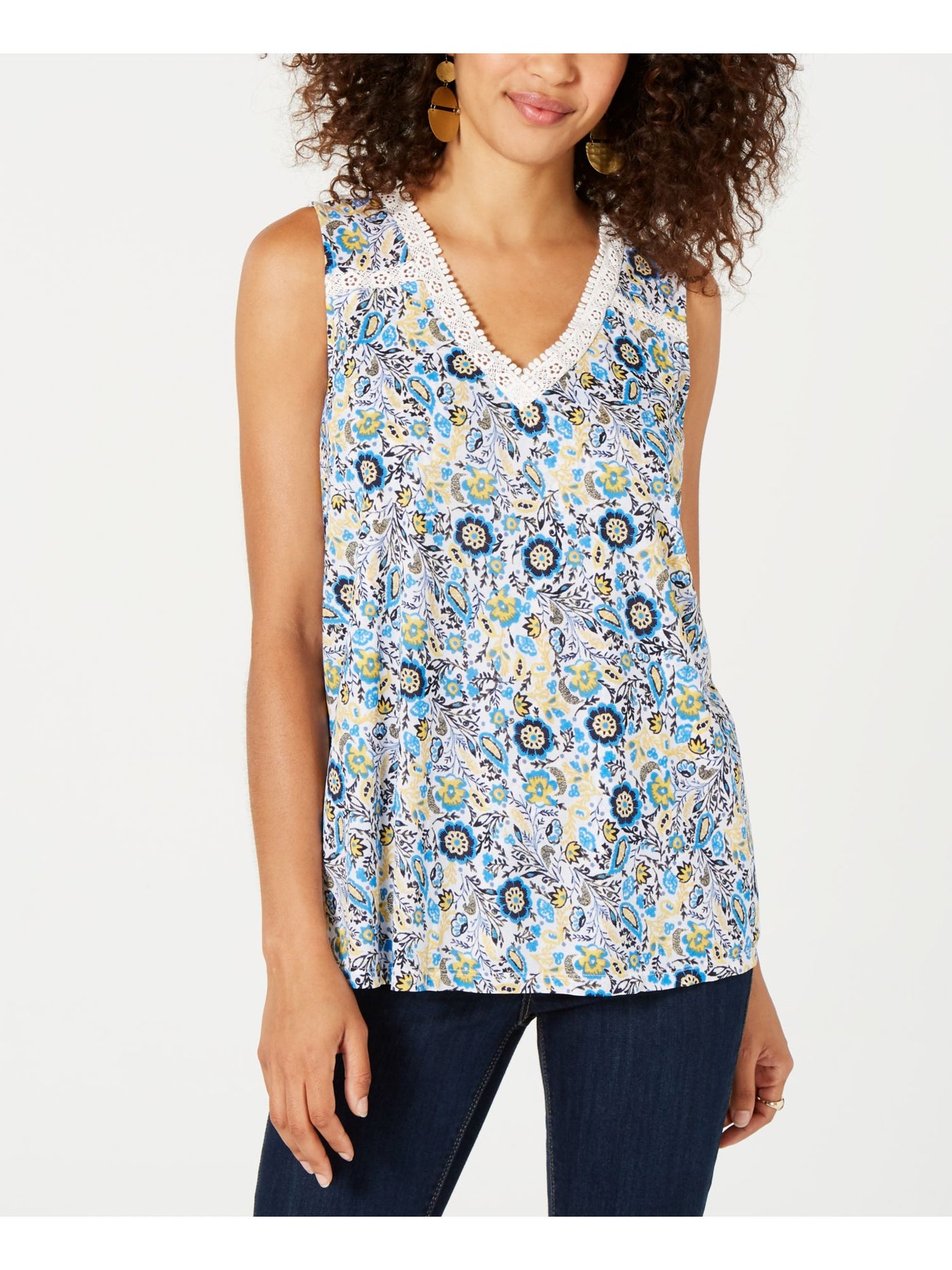 STYLE & COMPANY Womens Blue Floral Sleeveless V Neck Tank Top S
