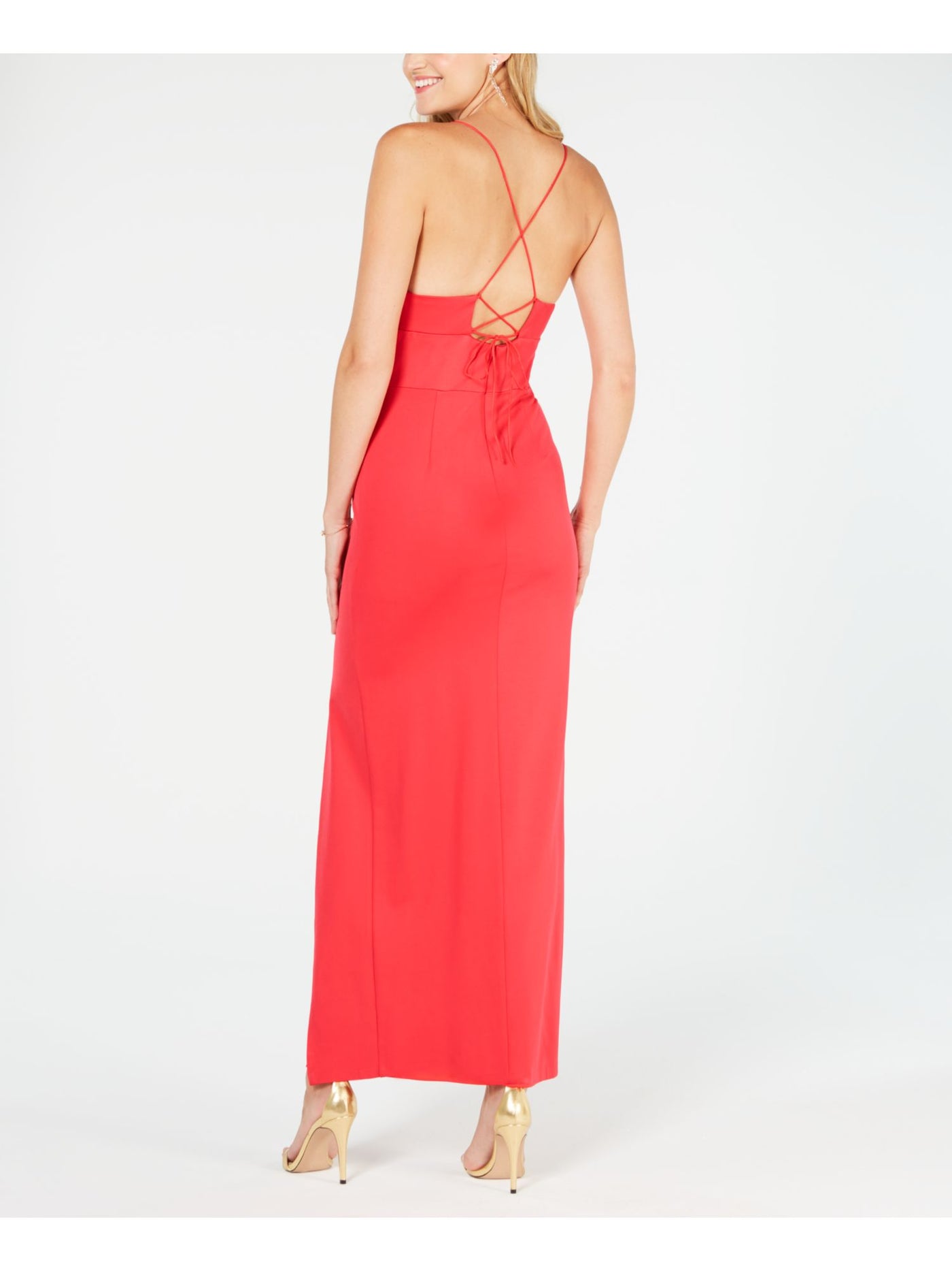 ADRIANNA PAPELL Womens Red Slitted Spaghetti Strap V Neck Maxi Cocktail Sheath Dress 2