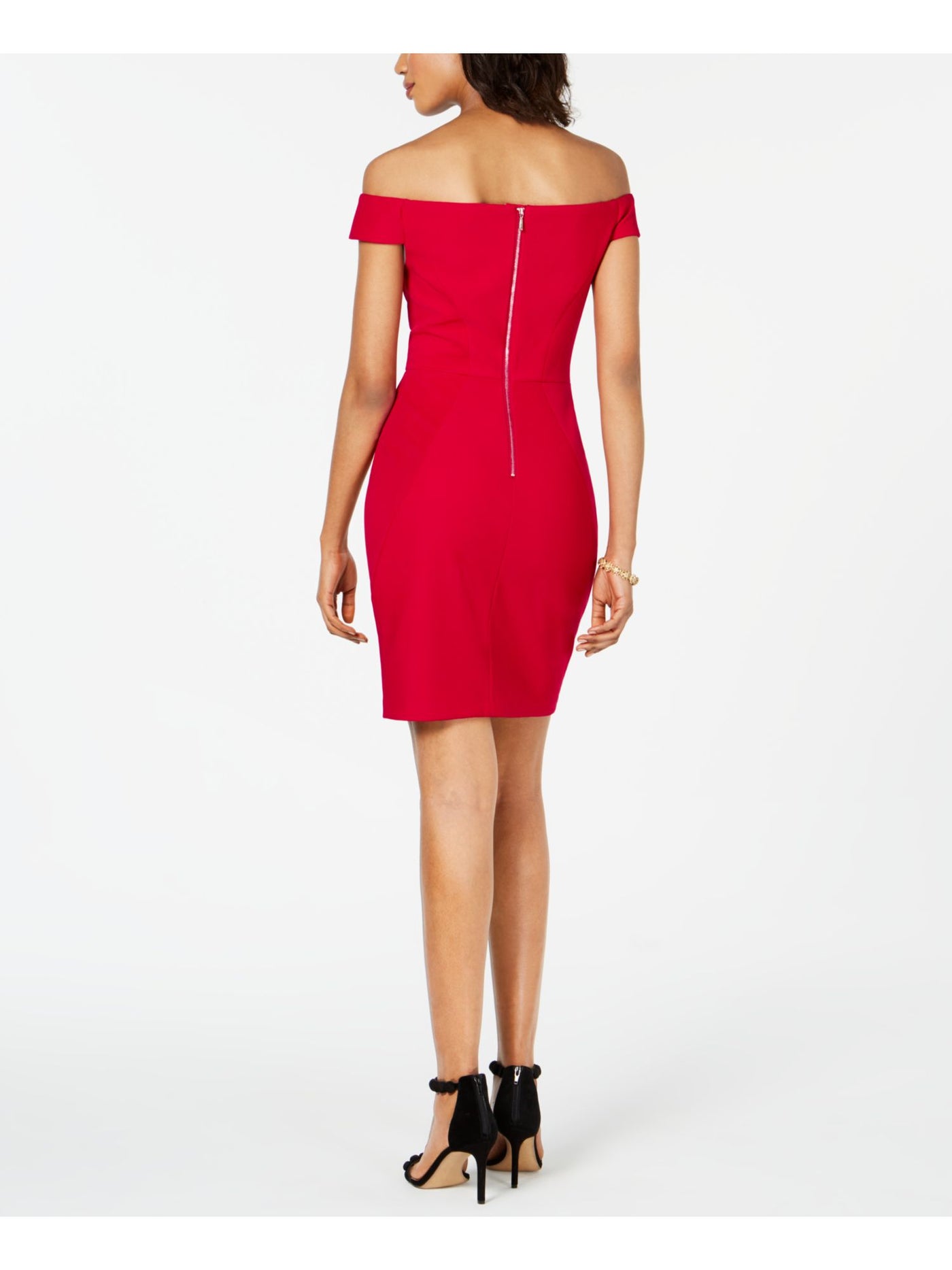 ADRIANNA PAPELL Womens Red Zippered Textured Off Shoulder Short Evening Body Con Dress 14