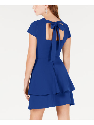B DARLIN Womens Blue Low Back Tie Pullover Cap Sleeve Boat Neck Mini Evening A-Line Dress Juniors 11\12