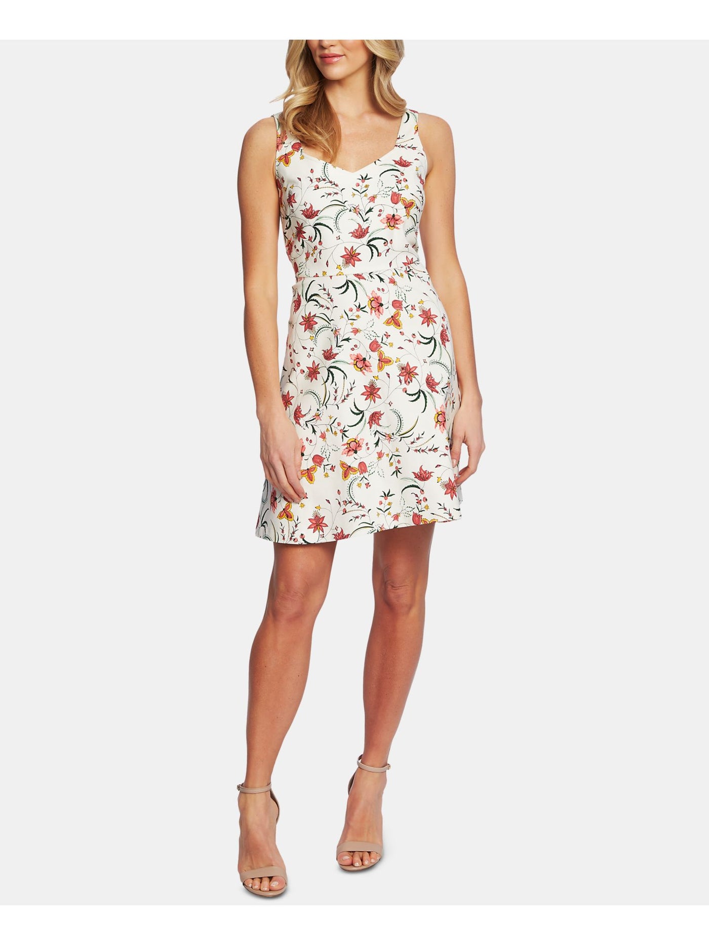 CECE Womens White Floral Spaghetti Strap Scoop Neck Above The Knee Shift Dress XS