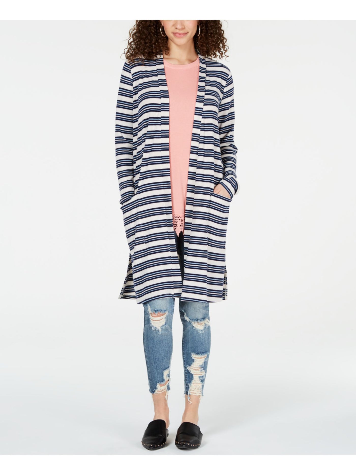 HIPPIE ROSE Womens Blue Pocketed Striped Long Sleeve Open Cardigan Duster Sweater S