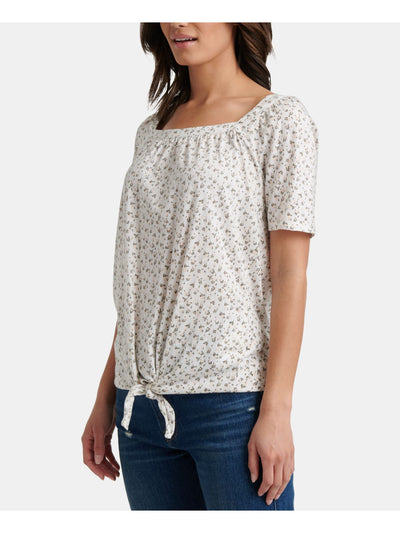 LUCKY BRAND Womens Ivory Printed Short Sleeve Square Neck Top Size: XS