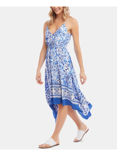 KAREN KANE Womens Blue Printed Spaghetti Strap V Neck Maxi Dress L