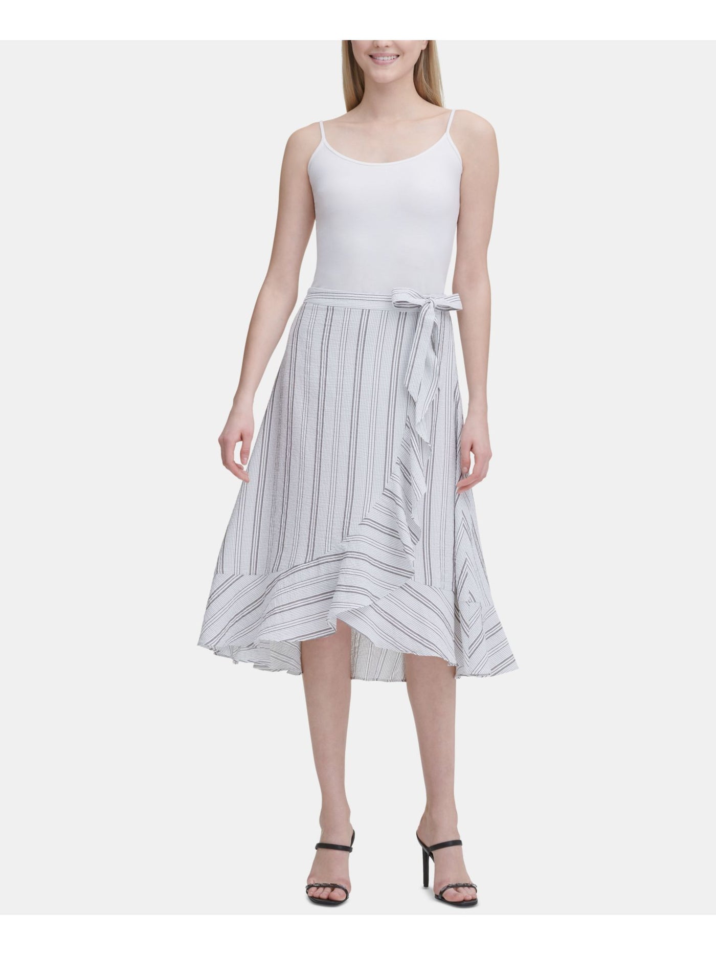 CALVIN KLEIN Womens White Ruffled Striped Midi Hi-Lo Skirt 12