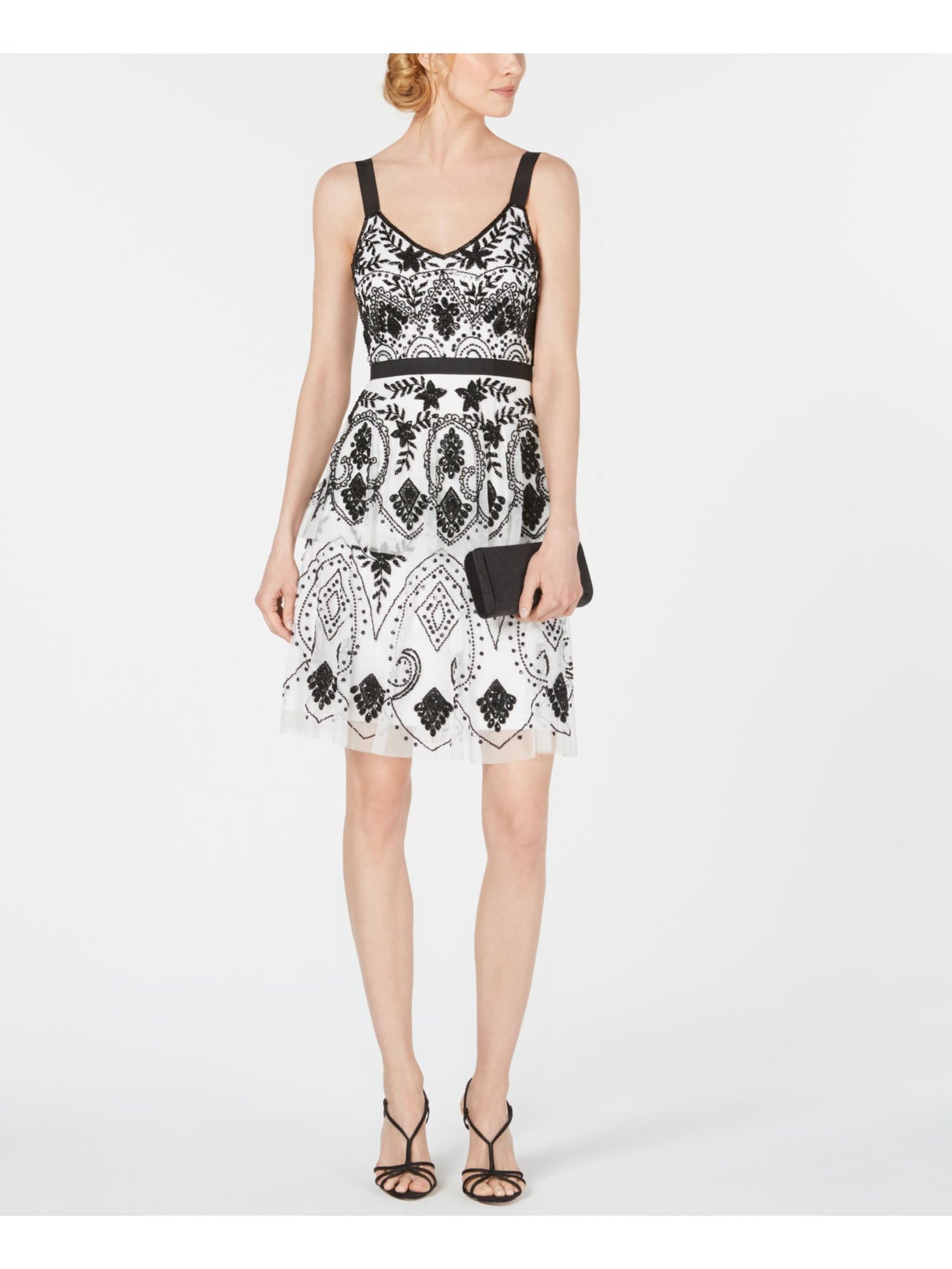 ADRIANNA PAPELL Womens White Beaded Sleeveless Scoop Neck Above The Knee Cocktail A-Line Dress 6