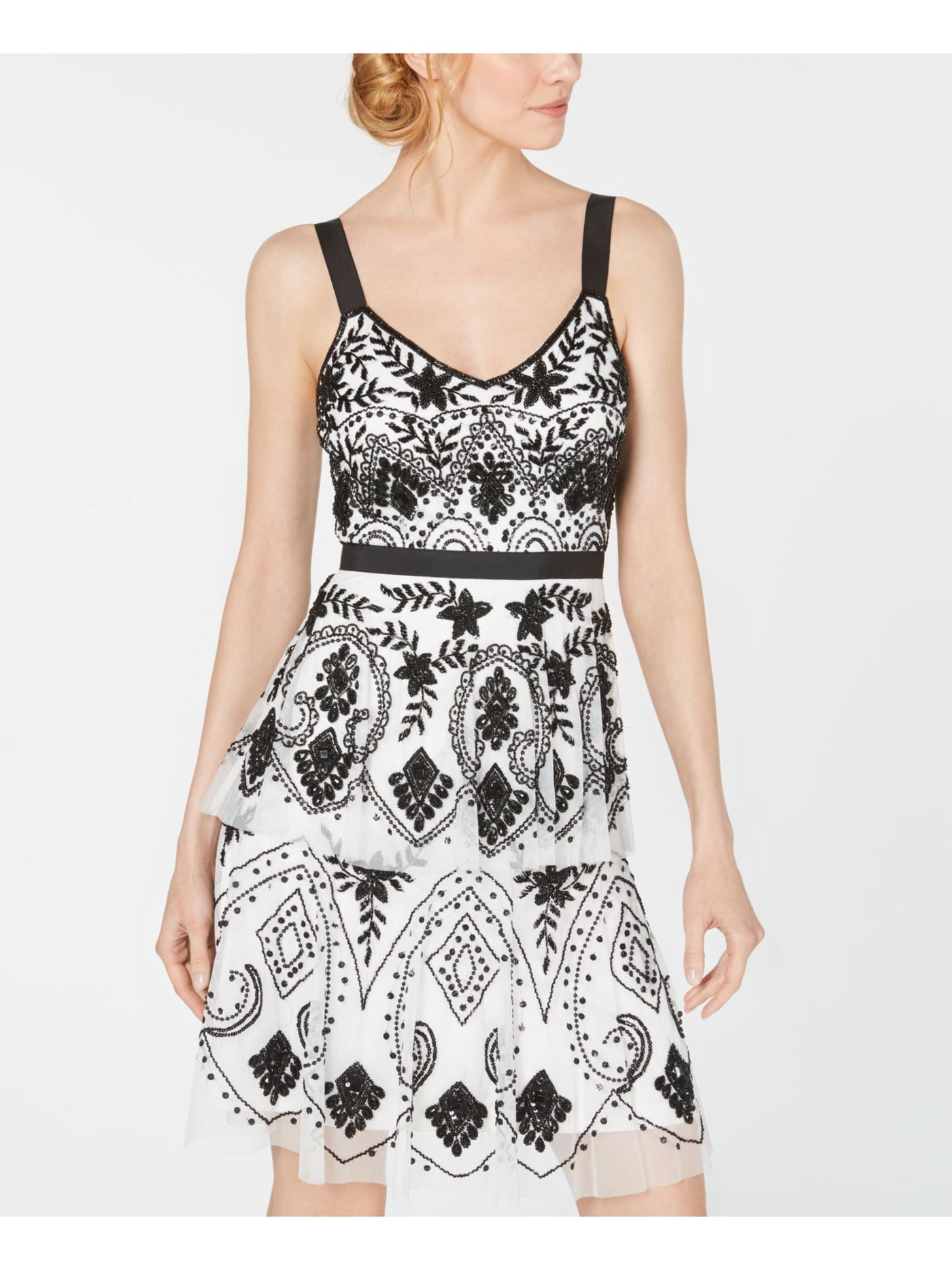 ADRIANNA PAPELL Womens Beaded Sleeveless Scoop Neck Above The Knee Cocktail A-Line Dress