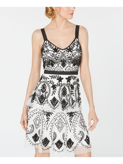 ADRIANNA PAPELL Womens White Beaded Sleeveless Scoop Neck Above The Knee Cocktail A-Line Dress 6