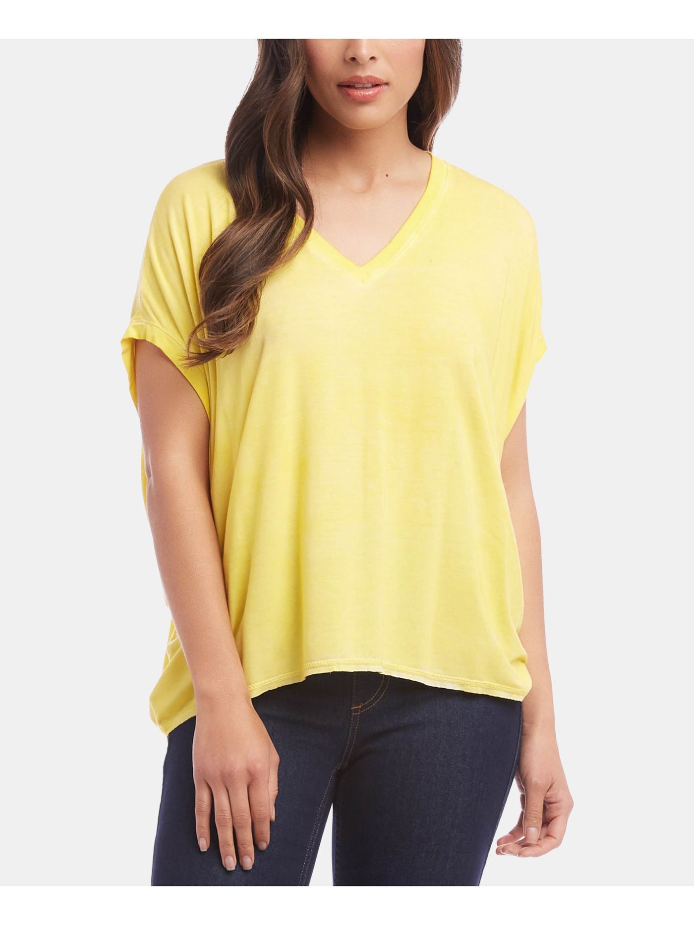 KAREN KANE Womens Yellow Short Sleeve V Neck T-Shirt L