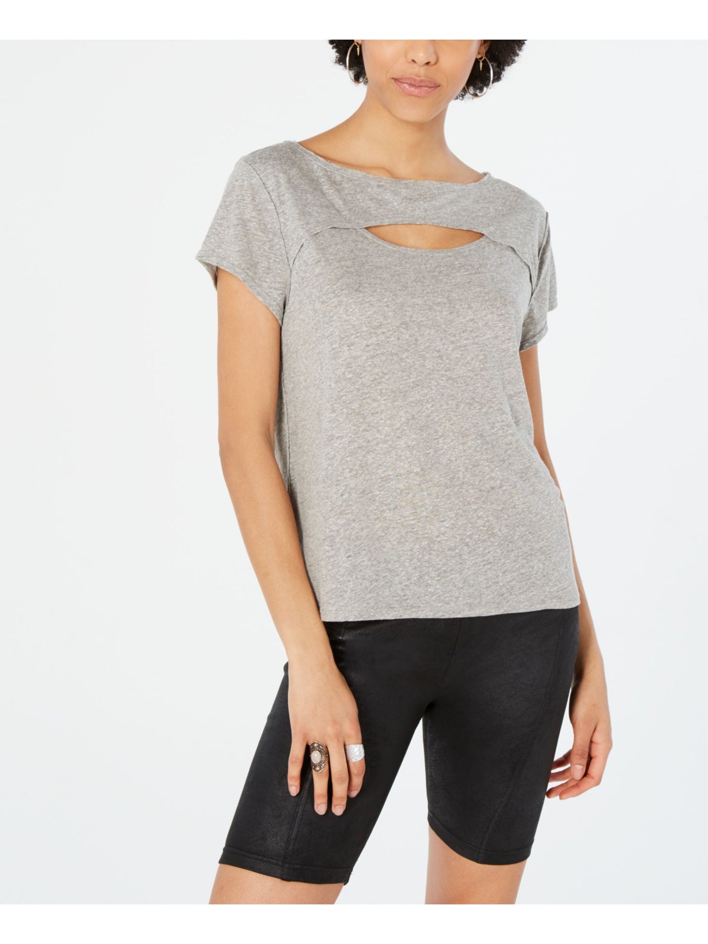 FREE PEOPLE Womens Gray Cut Out Heather Short Sleeve Crew Neck T-Shirt L