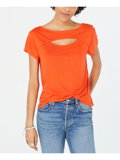 FREE PEOPLE Womens Orange Cut Out Short Sleeve Crew Neck Top S