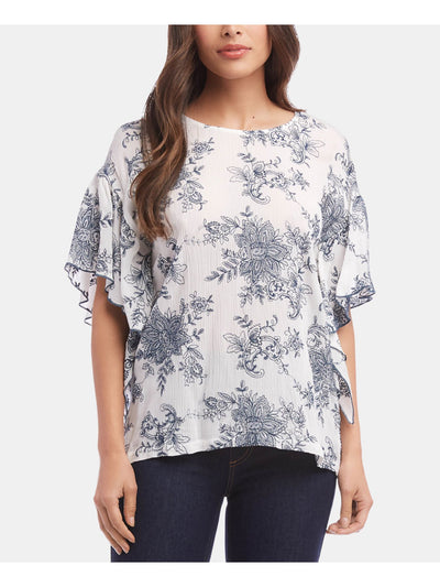 KAREN KANE Womens White Embroidered Ruffle Sleeve Jewel Neck Blouse XS