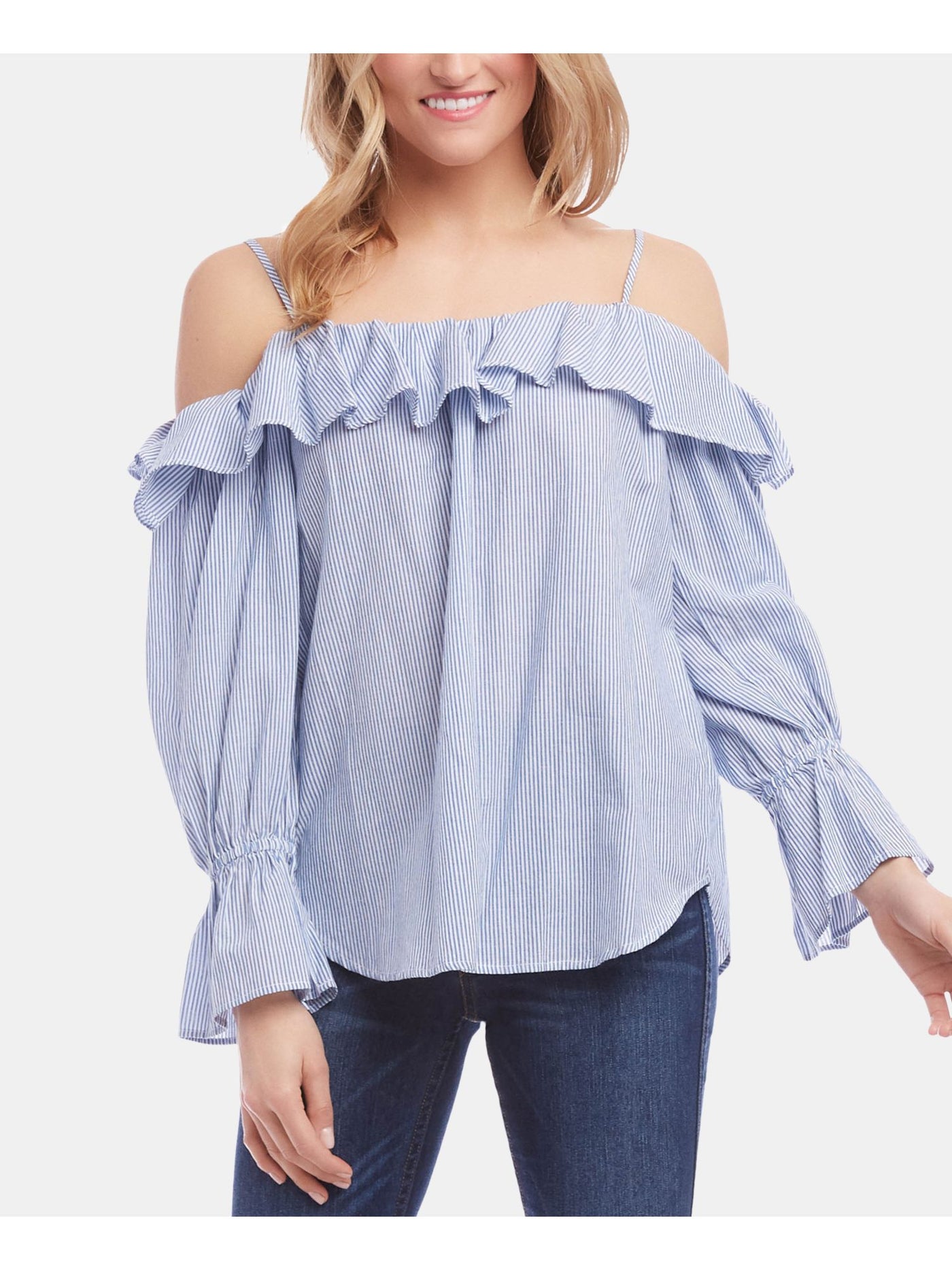 KAREN KANE Womens Light Blue Cold Shoulder Ruffled Striped Long Sleeve Scoop Neck Top M