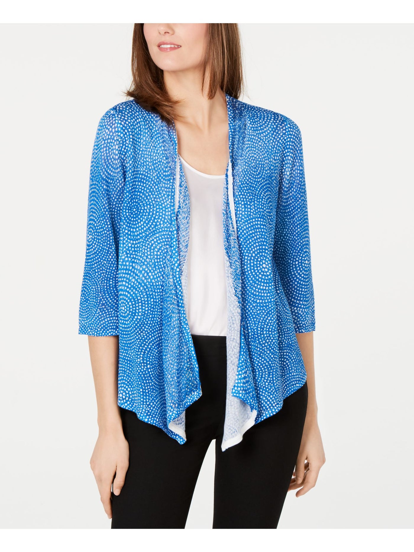ALFANI Womens Blue Printed Long Sleeve Open Cardigan Sweater Size: XS