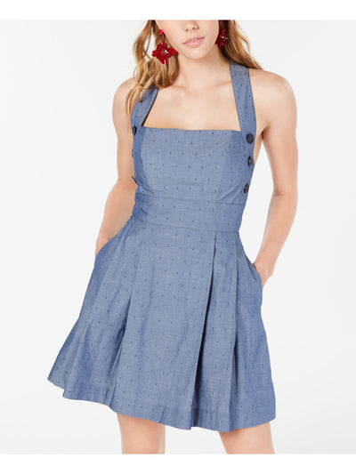 TEEZE ME Womens Blue Pocketed Denim Sleeveless Square Neck Mini Fit + Flare Dress 1