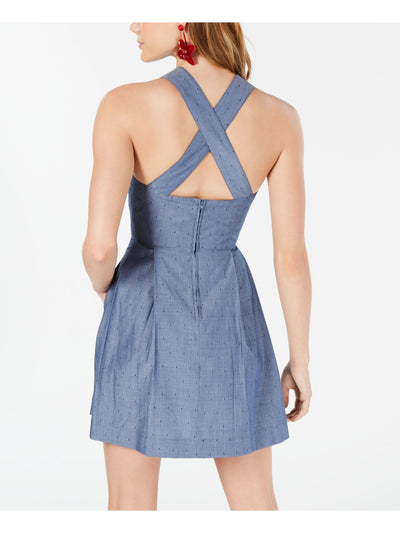 TEEZE ME Womens Blue Pocketed Denim Sleeveless Square Neck Mini Fit + Flare Dress 1
