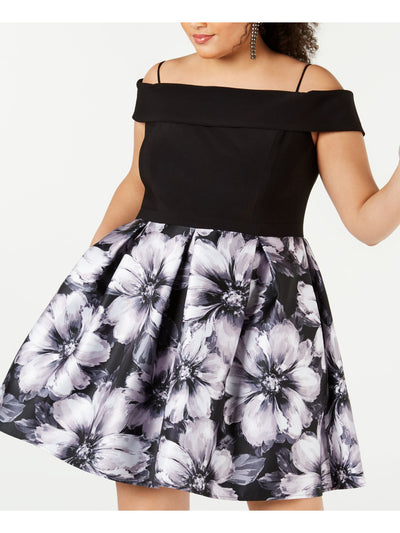 MORGAN & CO Womens Black Floral Sleeveless Off Shoulder Knee Length Formal Fit + Flare Dress Plus 18W