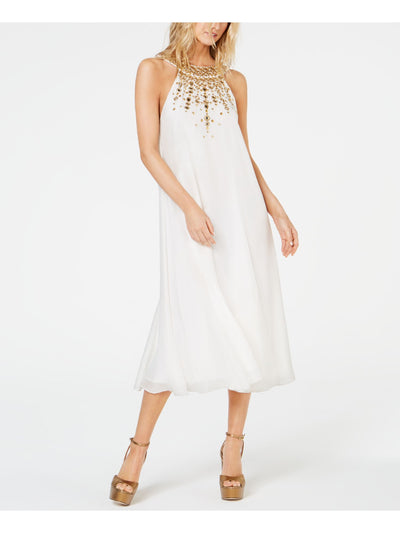 RACHEL ZOE Womens White Embellished Sleeveless Halter Midi Formal Shift Dress 6