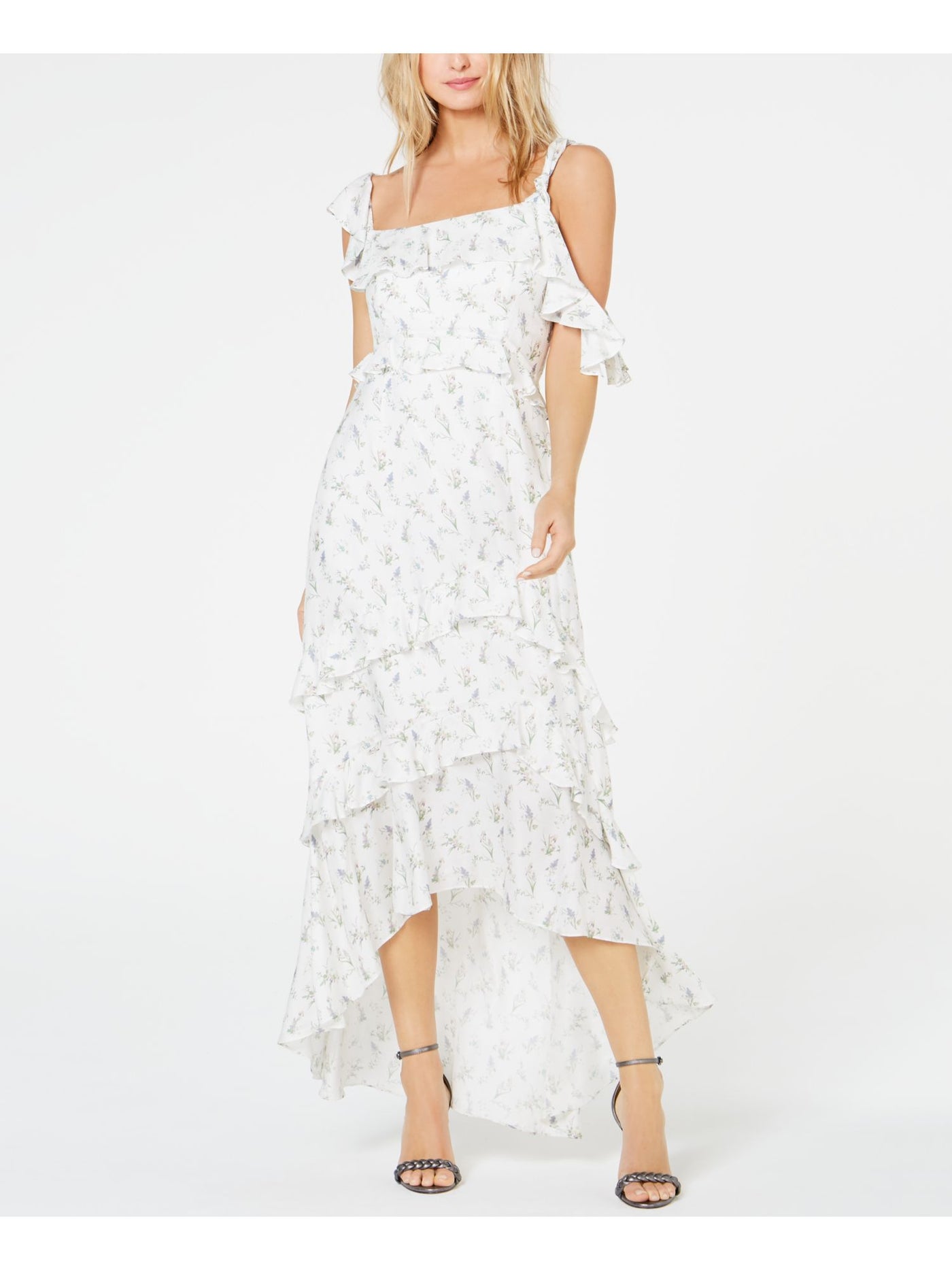 RACHEL ZOE Womens Ivory Ruffled Printed Sleeveless Square Neck Maxi Formal Hi-Lo Dress 8