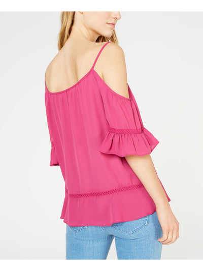 MICHAEL KORS Womens Pink Cold Shoulder Bell Sleeve Scoop Neck Top XS