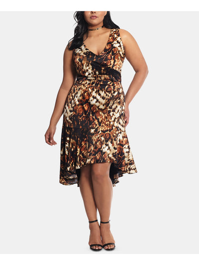 XSCAPE Womens Brown Ruffled Animal Print Sleeveless V Neck Midi Cocktail Sheath Dress Plus 22W