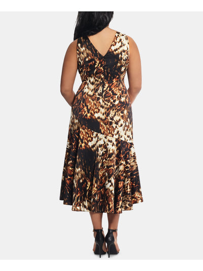 XSCAPE Womens Brown Ruffled Animal Print Sleeveless V Neck Midi Cocktail Sheath Dress Plus 14W