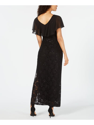 CONNECTED APPAREL Womens Sequined Ruffled Lace Chiffon Overlay Short Sleeve V Neck Maxi Sheath Dress