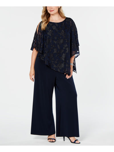 CONNECTED APPAREL Womens Navy 3/4 Sleeve Jewel Neck Cocktail Wide Leg Jumpsuit Plus 22W