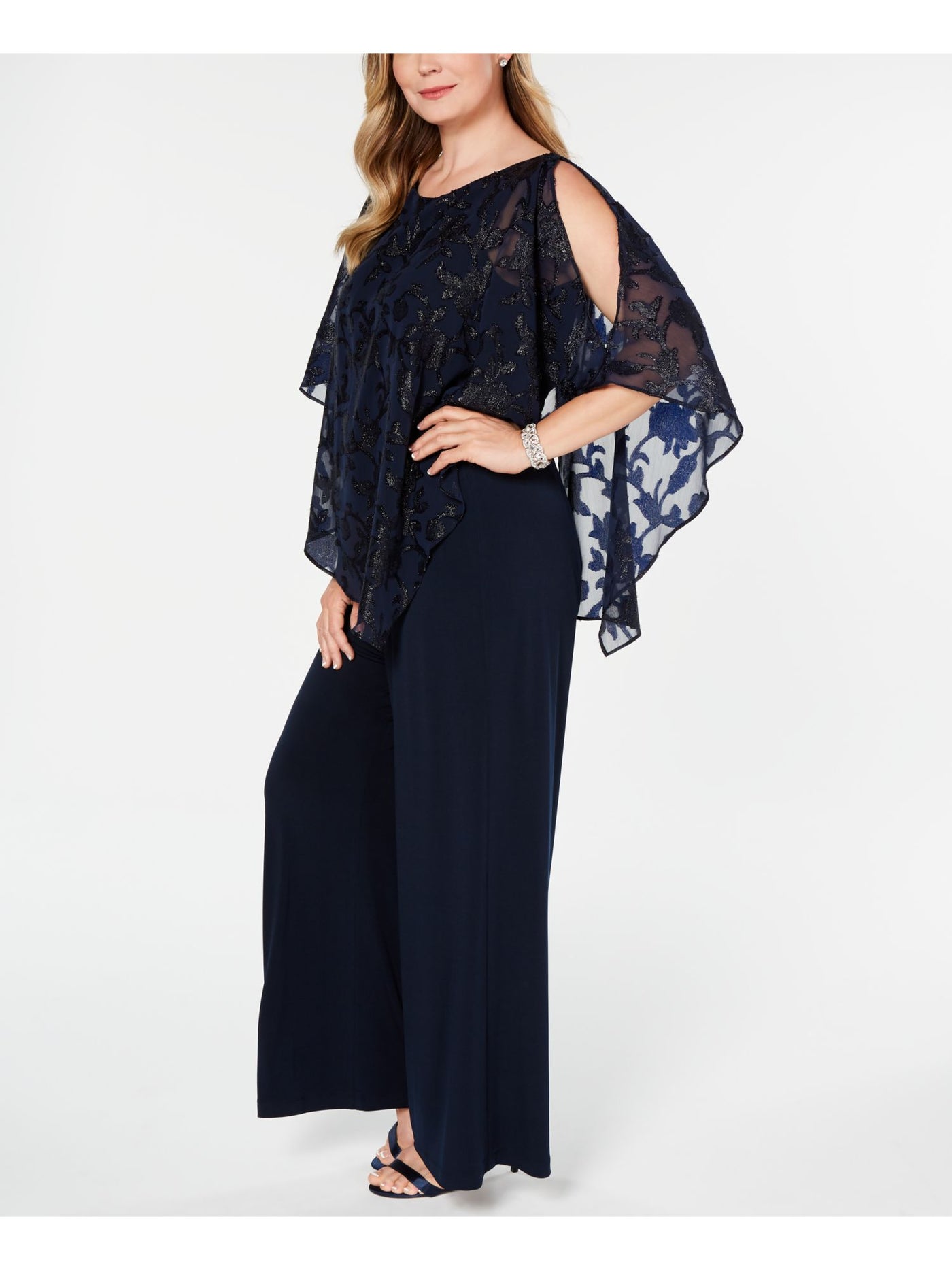 CONNECTED APPAREL Womens Navy 3/4 Sleeve Jewel Neck Cocktail Wide Leg Jumpsuit Plus 22W