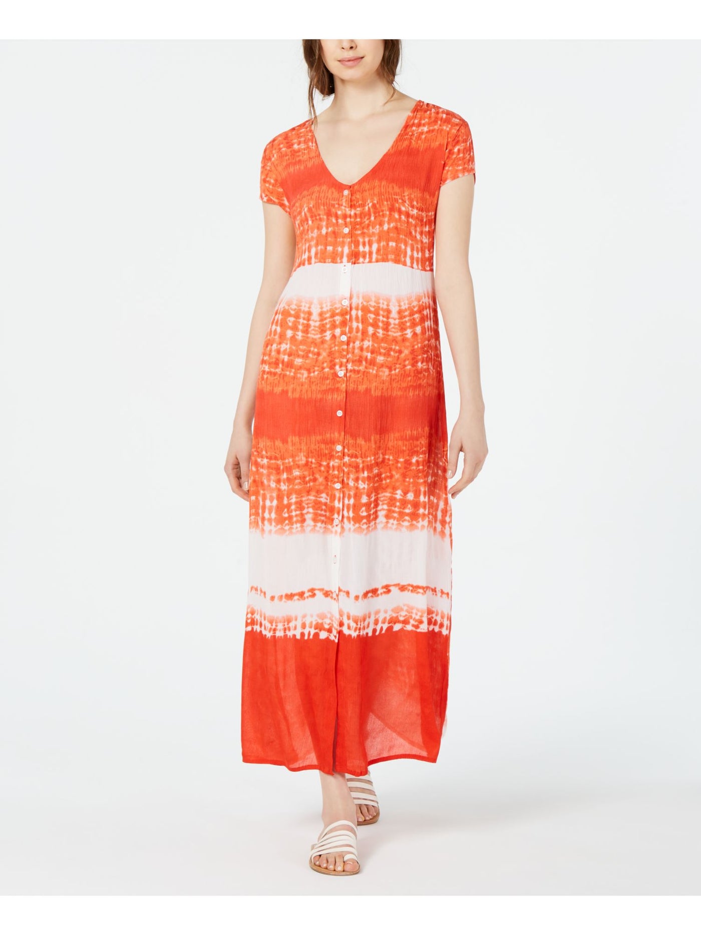 RAGA Womens Orange Tie Dye Short Sleeve V Neck Maxi Shift Dress XS