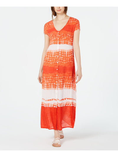 RAGA Womens Orange Tie Dye Short Sleeve V Neck Maxi Shift Dress XS