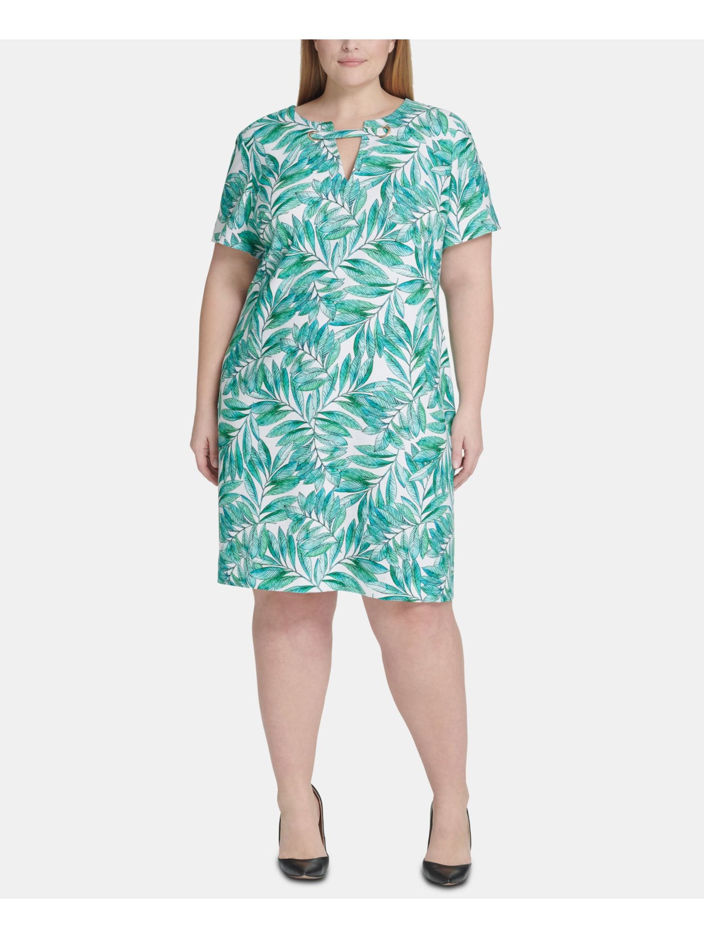 TOMMY HILFIGER Womens Green Printed Short Sleeve Keyhole Knee Length Shift Dress Plus 14W