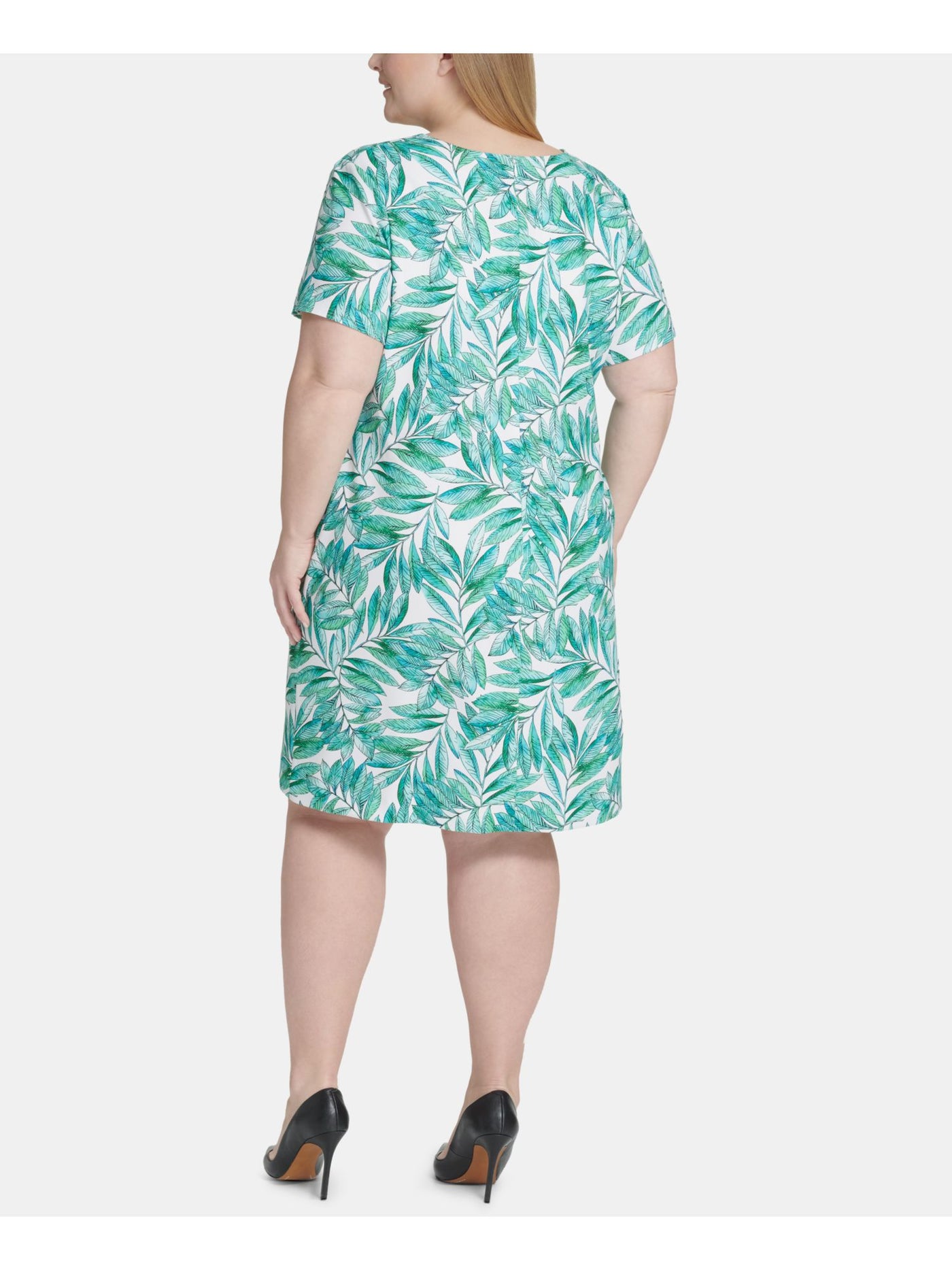 TOMMY HILFIGER Womens Green Printed Short Sleeve Keyhole Knee Length Shift Dress Plus 14W