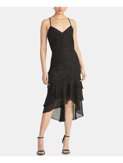 RACHEL ROY Womens Black Ruffled Polka Dot Spaghetti Strap V Neck Midi Hi-Lo Dress M