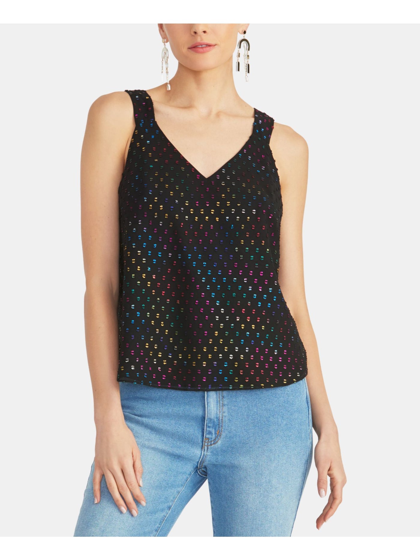 RACHEL RACHEL ROY Womens Black Slitted Metallic-dot Polka Dot Sleeveless V Neck Tank Top M