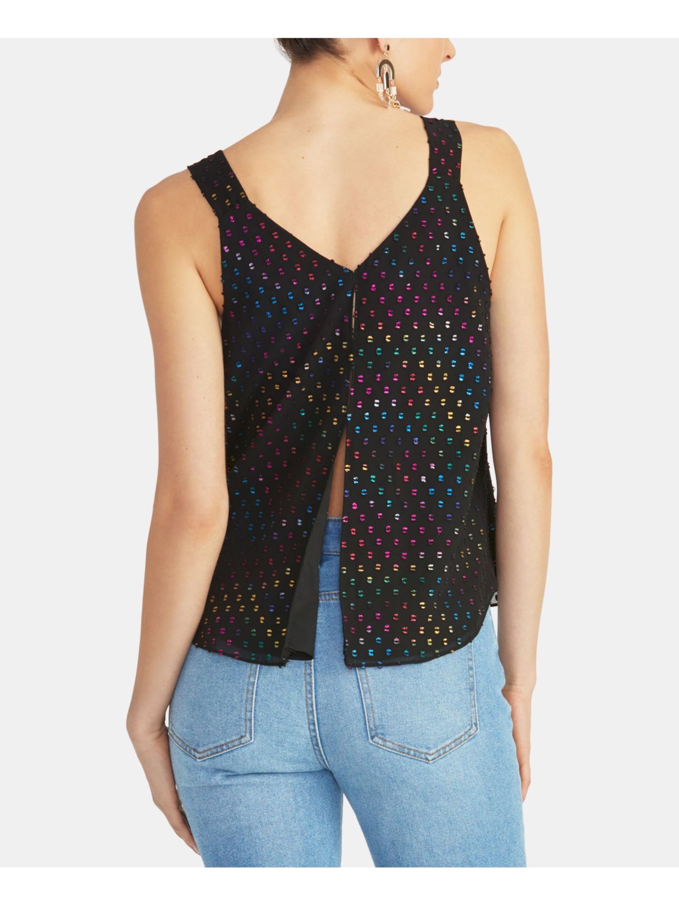 RACHEL ROY Womens Black Slitted Polka Dot Sleeveless V Neck Tank Top XL