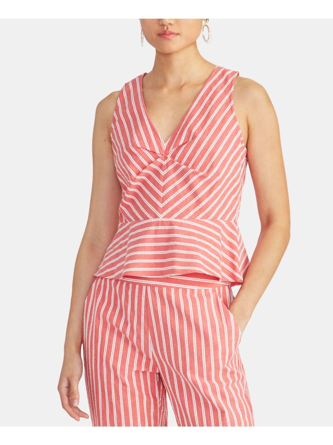 RACHEL ROY Womens Red Ruched Front Striped Sleeveless V Neck Top Size: 10