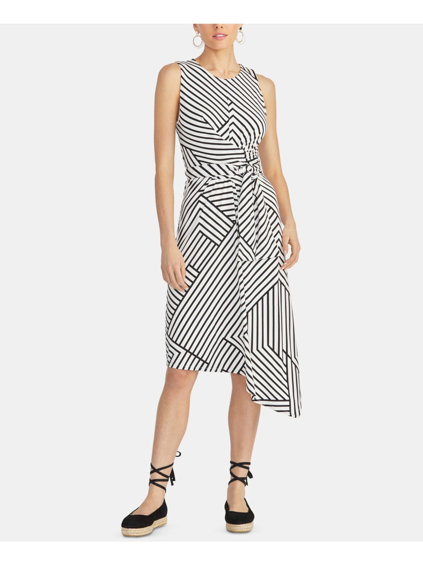 RACHEL ROY Womens White Striped Sleeveless Jewel Neck Midi Sheath Dress M