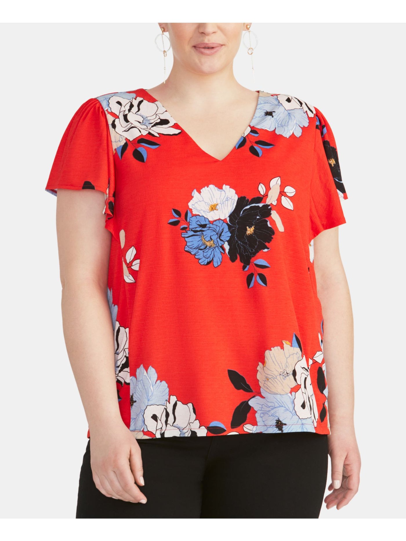 RACHEL ROY Womens Red Ruffled Floral Short Sleeve V Neck Top XS