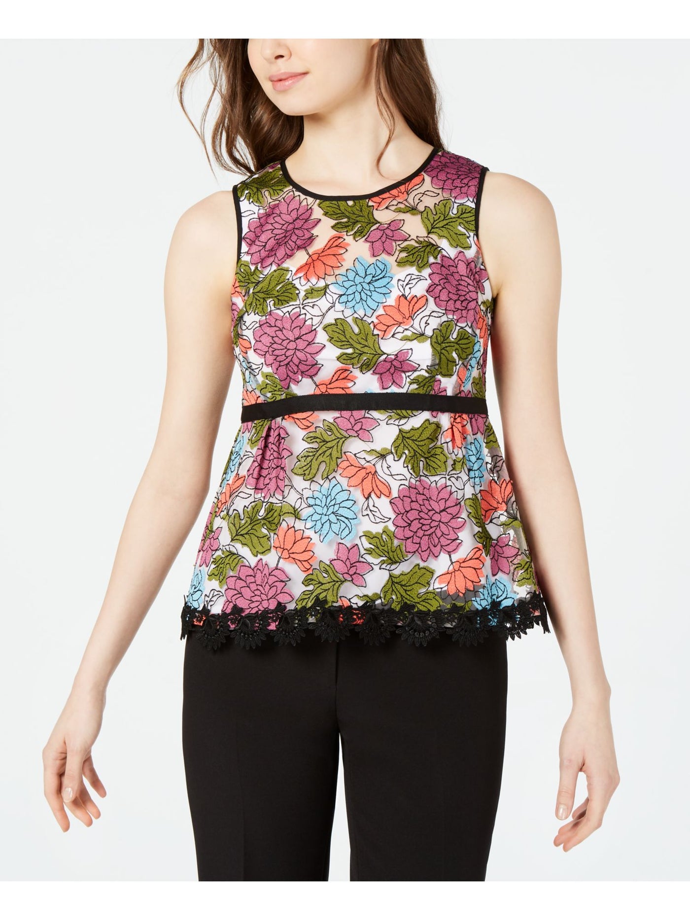 NANETTE LEPORE Womens Purple Floral Sleeveless Crew Neck Peplum Top Size: 6