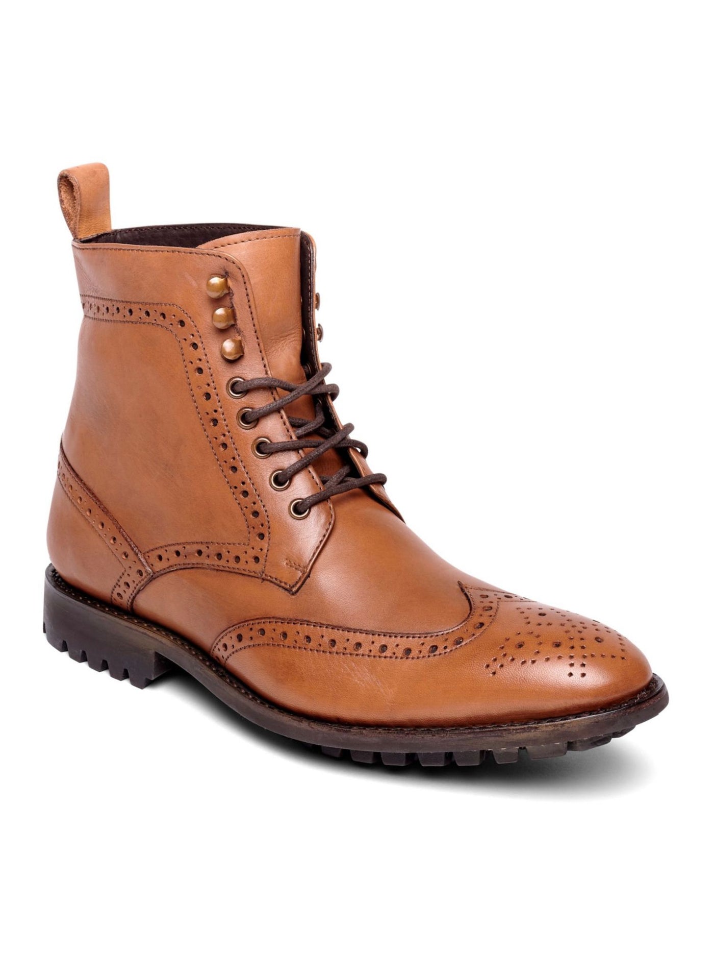 ANTHONY VEER ESSENTIALS Mens Brown Back Pull-Tab Lug Sole Cushioned Grant Wingtip Toe Block Heel Lace-Up Leather Dress Boots Shoes 14