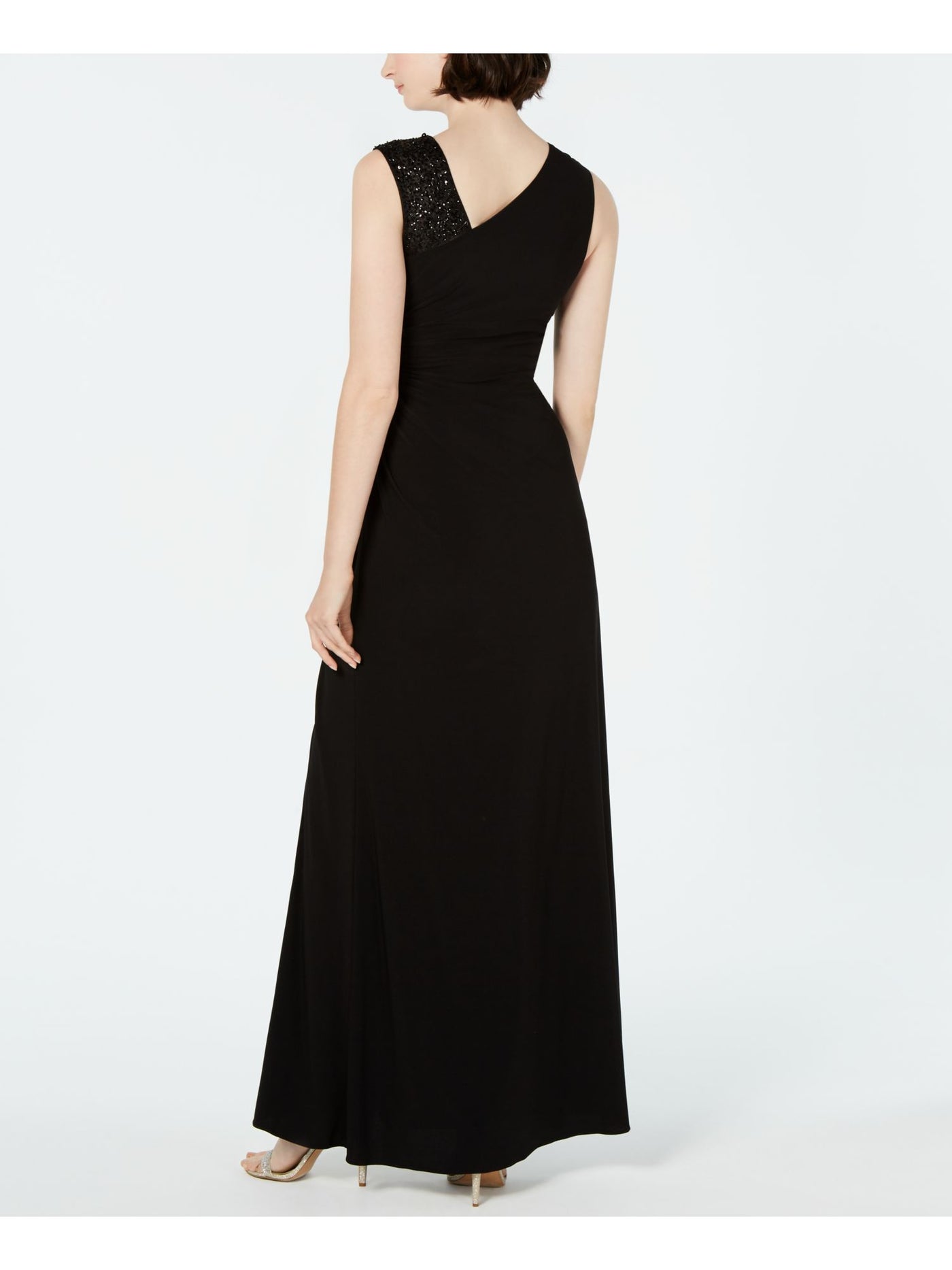 ADRIANNA PAPELL Womens Black Sequined Sleeveless Jewel Neck Maxi Evening Sheath Dress 4