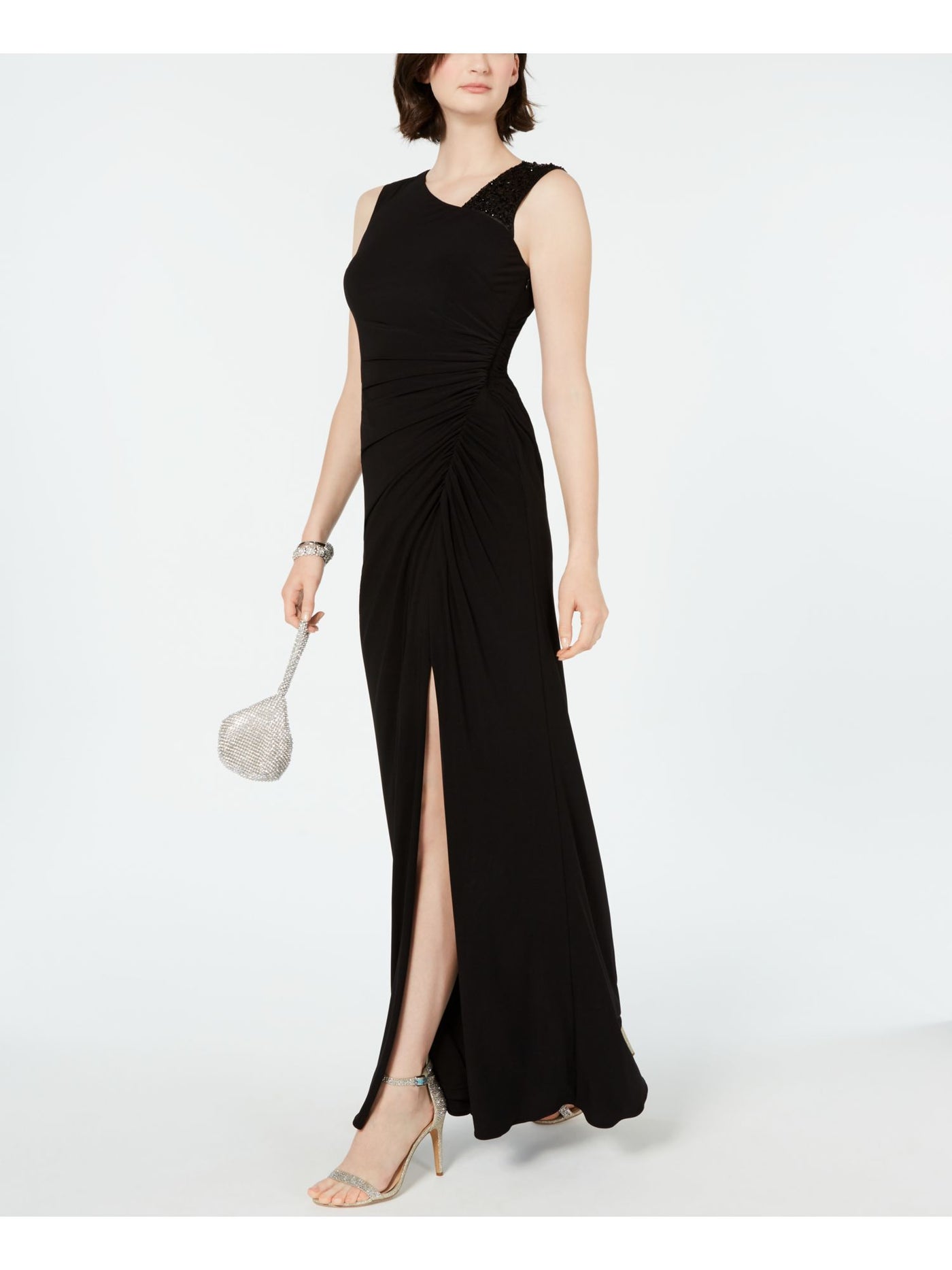 ADRIANNA PAPELL Womens Black Sequined Sleeveless Jewel Neck Maxi Evening Sheath Dress 4
