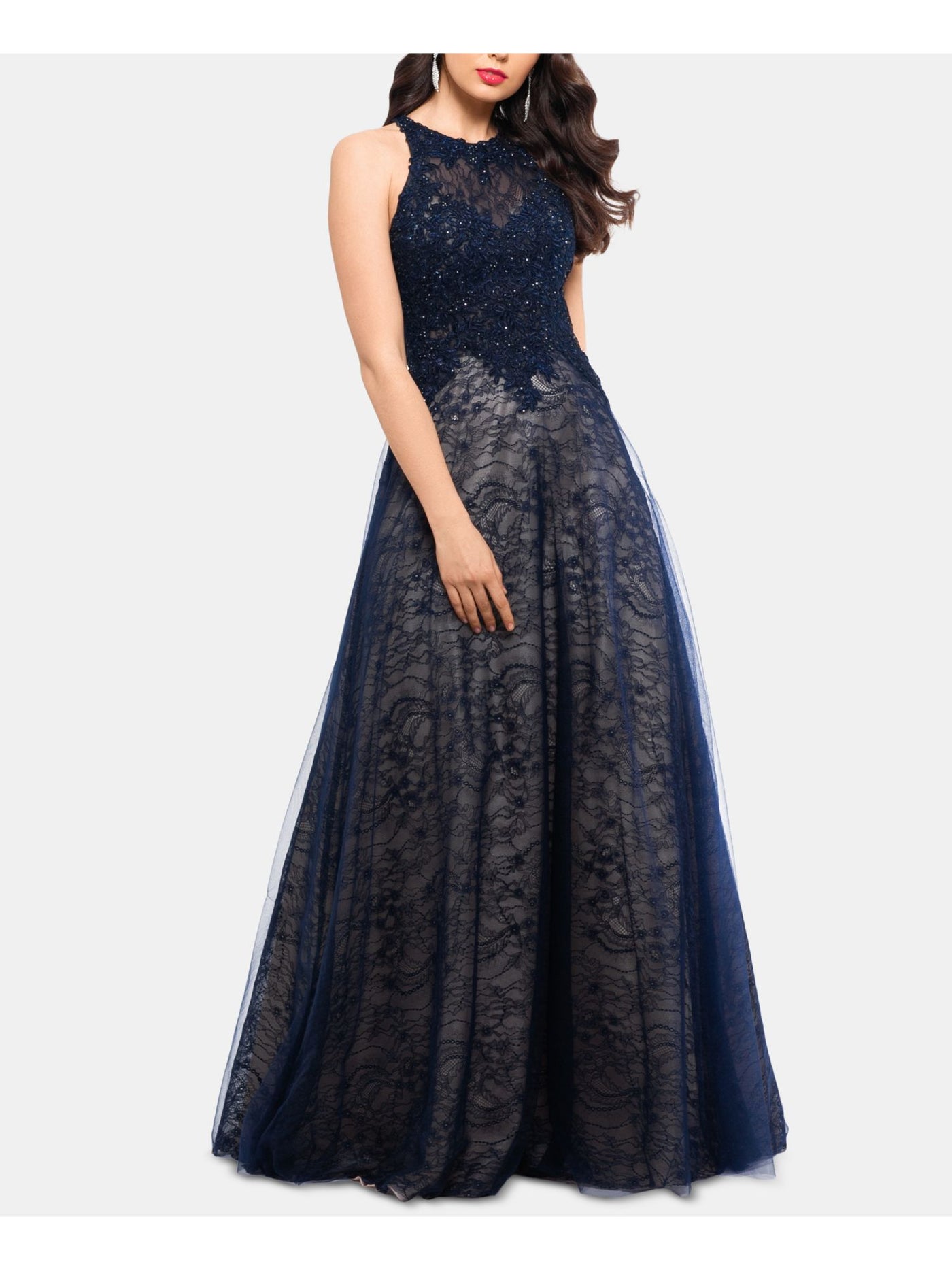 XSCAPE Womens Navy Embellished Lace Floral Sleeveless Illusion Neckline Full-Length Formal Fit + Flare Dress 2