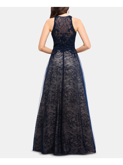 XSCAPE Womens Embellished Lace Sleeveless Illusion Neckline Full-Length Formal Fit + Flare Dress