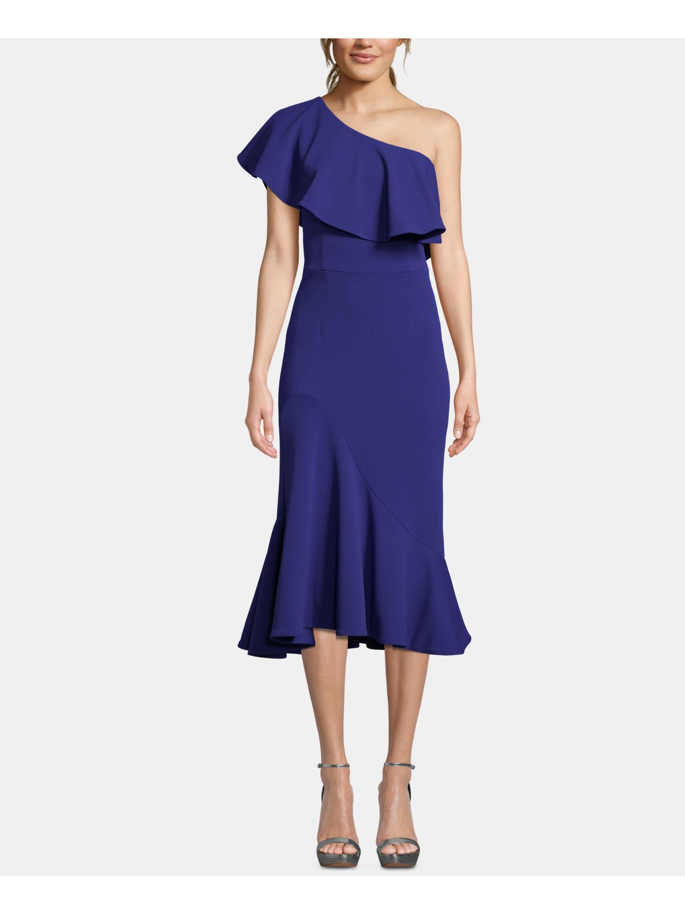 BETSY & ADAM Womens Blue Ruffled Crepe Flounce Sleeveless Asymmetrical Neckline Midi Formal Dress 8